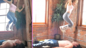 漂亮女友瑜伽裤AJ白袜踩踏健身跳踩男友 全体重踩踏人肉地毯-97LZTD-35661